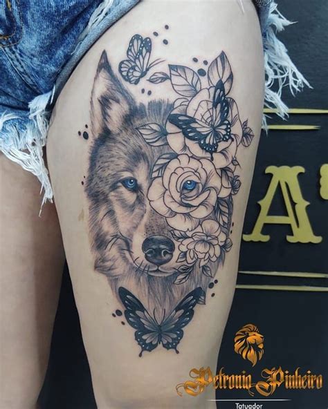 tatuagem feminina de lobo na coxa|Tatuagem de lobo na coxa feminina